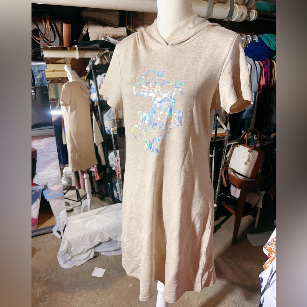Calvin Klein beige soft dress designer logo front short sleeve with hoodie $49
